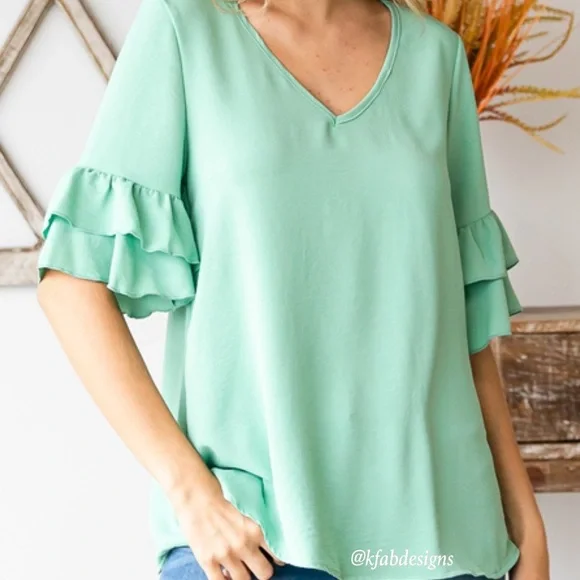 LAST 1! V Neck Stunning Double Ruffle Sleeve Mint Top! - Picture 6 of 6